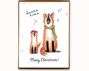 Box of 8 Singing Foxes Christmas cards - Merry Christmas - funny animal greeting card / HLY-FOX-BOX