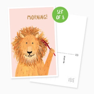 Set de 8 matin! Cartes postales illustrées Lion