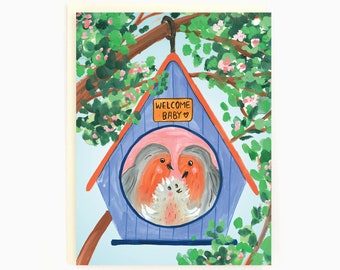 Welcome Baby - Baby Bird Family - New Baby Celebration Card