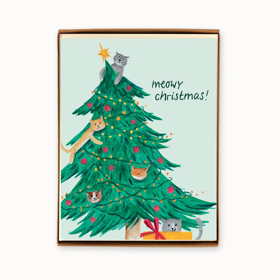 Set of 8 Cats in Christmas Tree Holiday Greeting Cards - Meowy ...