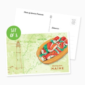 Set of 8 Greetings from Maine Illustrated Postcards