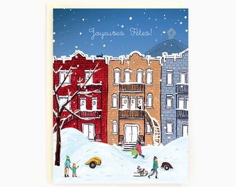 Joyeuse Fetes - Montreal Snowy Night - Carte des fêtes sur le thème de Montréal