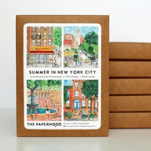 Assortiment de 8 cartes de voeux L'été à New York - Empire State Building - Central Park - Brooklyn Brownstones - Bodega