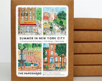 Assorted Set of 8 Summer in New York City Greeting Cards - Empire State Building - Central Park - Brooklyn Brownstones - Bodega