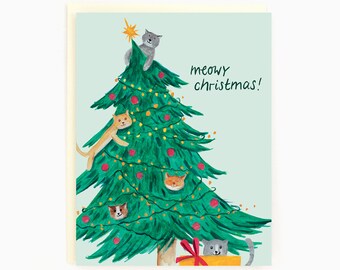 Meowy Christmas! - Cats in Christmas Tree - Punny Animal Holiday Card