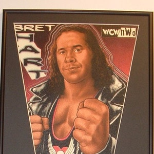 Vintage Bret &quot;The Hitman&quot; Hart  WCW/WWF/WWE/ Wrestling Pennant & Cards...Custom Framed!!!!