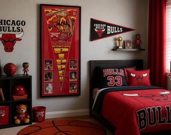 Framed Vintage Scottie Pippen Chicago Bulls Pennant with 6 Original Basketball Cards