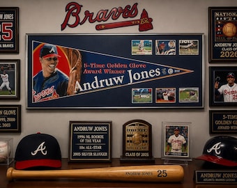 Andruw Jones Framed Pennant with 6 Baseball Cards | Braves Memorabilia | Man Cave Decor