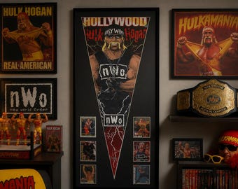 Vintage "Hollywood" Hulk Hogan WCW/WWF/WWE Wrestling Pennant & Cards...Custom Framed!!!!