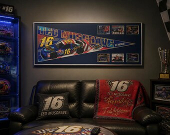 Ted Musgrave Framed NASCAR Pennant with 6 Original Cards | Racing Memorabilia Display | Handmade NASCAR Gift | Man Cave Wall Decor