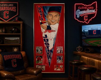 David Justice Framed Pennant with 6 Original Baseball Cards | Cleveland Baseball Collectible | Handmade Sports Memorabilia