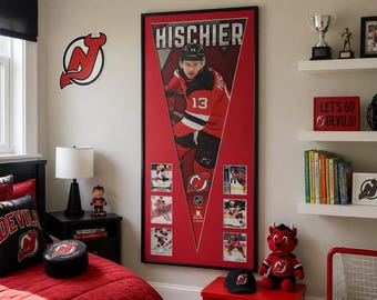 NHL Hockey New Jersey Devils Nico Hischier Pennant & Cards...Custom Framed!