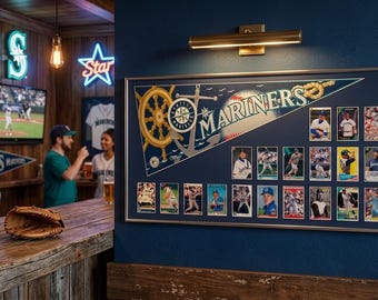 Seattle Mariners Vintage Pennant & Legends Card Collage – Custom Framed 16"x32" Sports Memorabilia Display
