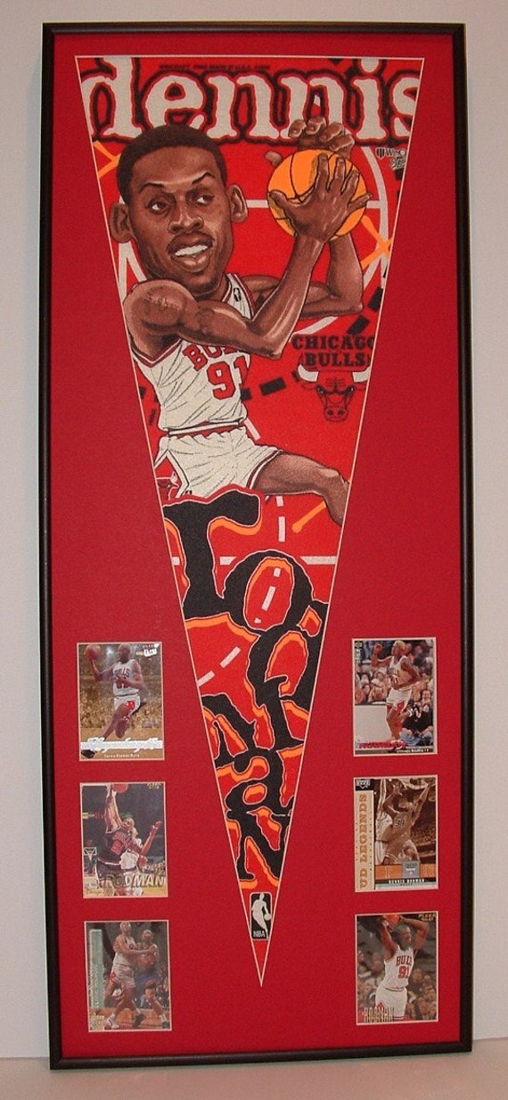 Vintage NBA Chicago Bulls Dennis Rodman Banderin Tarjetas. Enmarcado personalizado