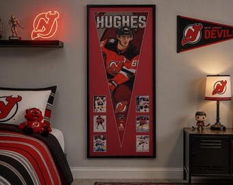NHL Hockey New Jersey Devils Jack Hughes Pennant & Cards...Custom Framed!
