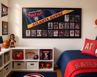Atlanta Hawks Framed Pennant & 19-Player Legend Basketball Card Collage | Handmade NBA Wall Art