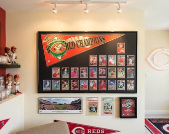 Vintage Cincinnati Red 1990 World Series Champions pennant & Cards..Custom Framed