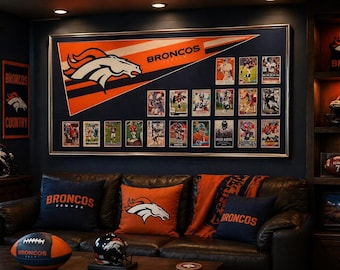 Denver Broncos Vintage Pennant & Legends Football Card Collage – Custom Framed 16"x32" Sports Memorabilia