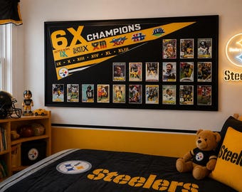 Pittsburgh Steelers Framed Pennant & 19-Player Legend Card Collage | Handmade NFL Wall Art