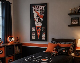 Framed Carter Hart Flyers Pennant with 6 Hockey Cards | Handmade NHL Wall Art