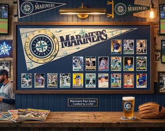 Seattle Mariners Vintage Pennant & Legends Card Collage – Custom Framed 16"x32" Sports Memorabilia Display