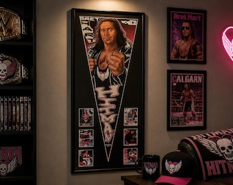 Vintage Bret "The Hitman" Hart  WCW/WWF/WWE/ Wrestling Pennant & Cards...Custom Framed!!!!