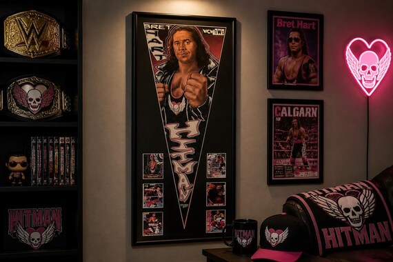 Vintage Bret "The Hitman" Hart  WCW/WWF/WWE/ Wrestling Pennant & Cards...Custom Framed!!!!
