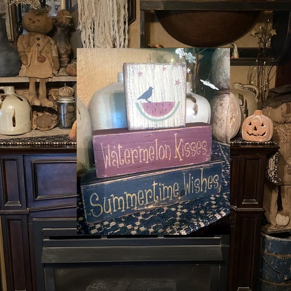Watermelon kisses summertime wishes primitive sign block