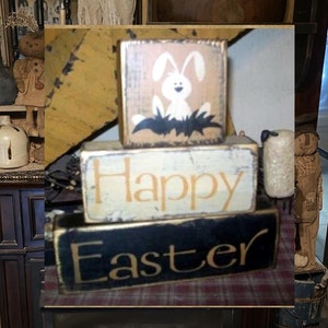 HAPPY EASTER bunny primitive block sign