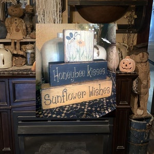 Honeybee kisses sunflower wishes primitive sign block