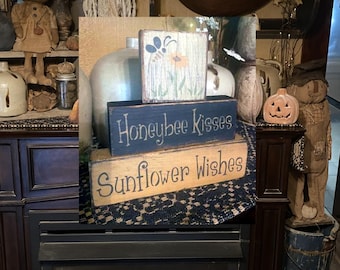 Honeybee kisses sunflower wishes primitive sign block