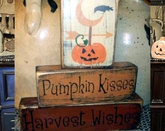 Pumpkin Kisses Harvest Wishes block primitive sign