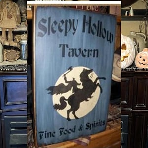 Sleepy Hollow tavern headless horseman Primitive HAlloween Sign