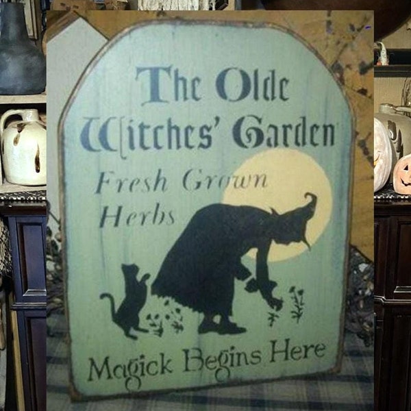 Den gamla Häxornas Trädgårdsmagi Primitiva Halloween-skylten