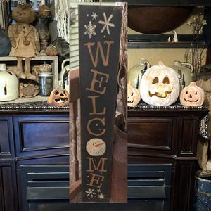 Welcome Snowman Winter porch Primitive Sign