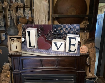 VALENTINE LOVE BLOCKS w/heart primitive block sign