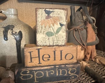Hello spring flower primitive sign block