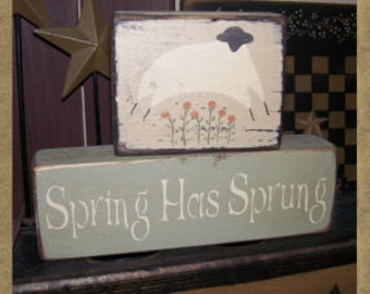 Spring has Sprung sheep primitive Easter block sign