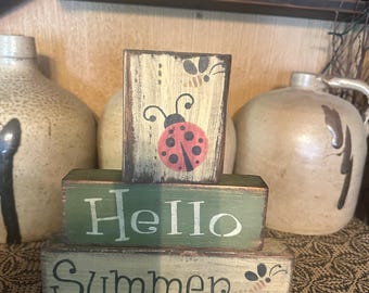 Hello summer ladybug bee Primitive block Sign