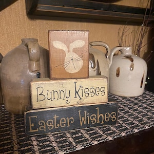 Bunny kisses Easter wishes primitive block sign