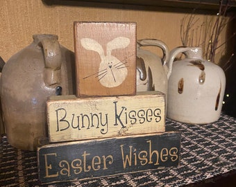 Bunny kisses Easter wishes primitive block sign