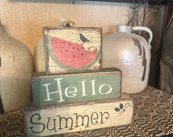 Hello summer watermelon Primitive block Sign