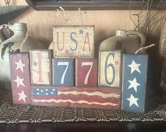 USA 1776 flag fireworks Primitive block Sign