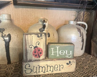 Hey summer ladybug bee Primitive block Sign