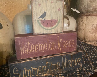 Watermelon kisses summertime wishes primitive sign block