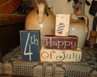 Happy 4th of July Fireworks Primitive block Sign