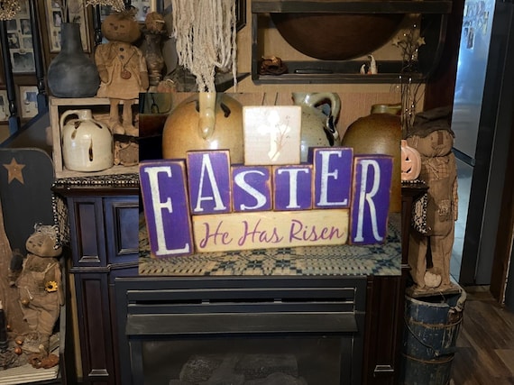 Easter He has Risen Cross primitive block sign