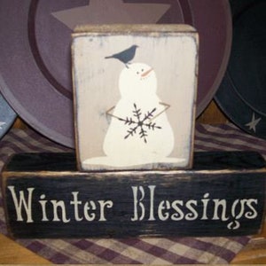 Winter Blessings snowman primitive block sign