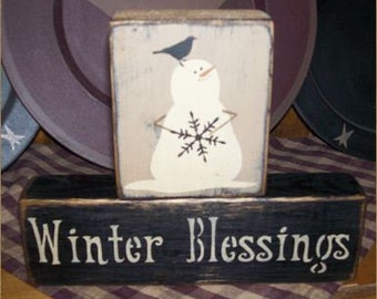 Winter Blessings snowman primitive block sign