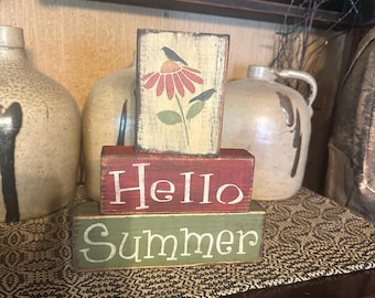 Hello summer flower Primitive block Sign
